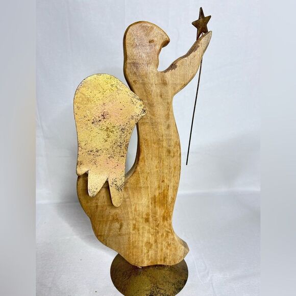 Vintage 5” Natural Mango Wood Angel w/Gold Star and Wings Figurine Christmas - Picture 6 of 12